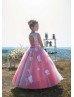 Lace Tulle Keyhole Back Long Peplum Flower Girl Dress